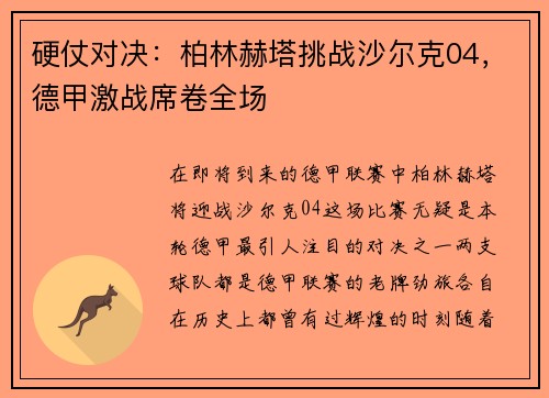 硬仗对决：柏林赫塔挑战沙尔克04，德甲激战席卷全场